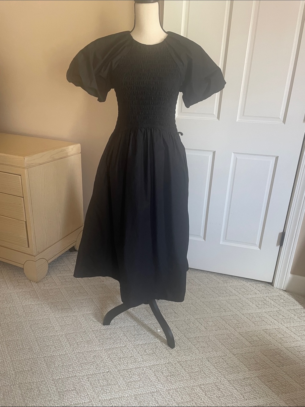 J. Crew Black Smocked Bodice Puff-Sleeve Midi Dress